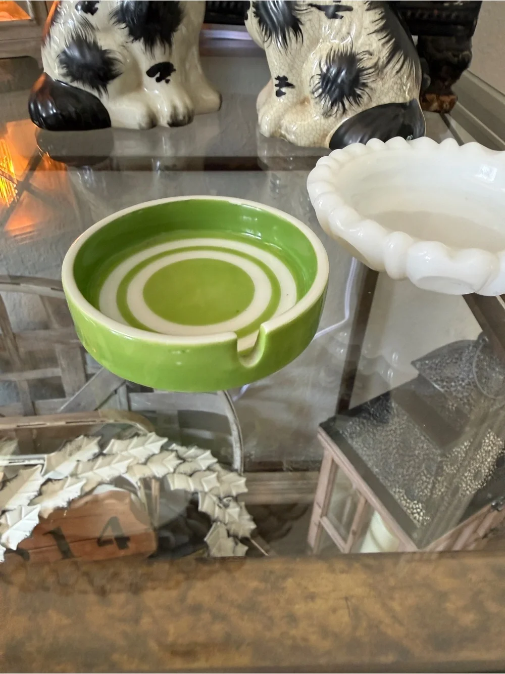 Vintage Milk Glass Dish & Green Striped Ceramic Ashtray – Trinket Dish